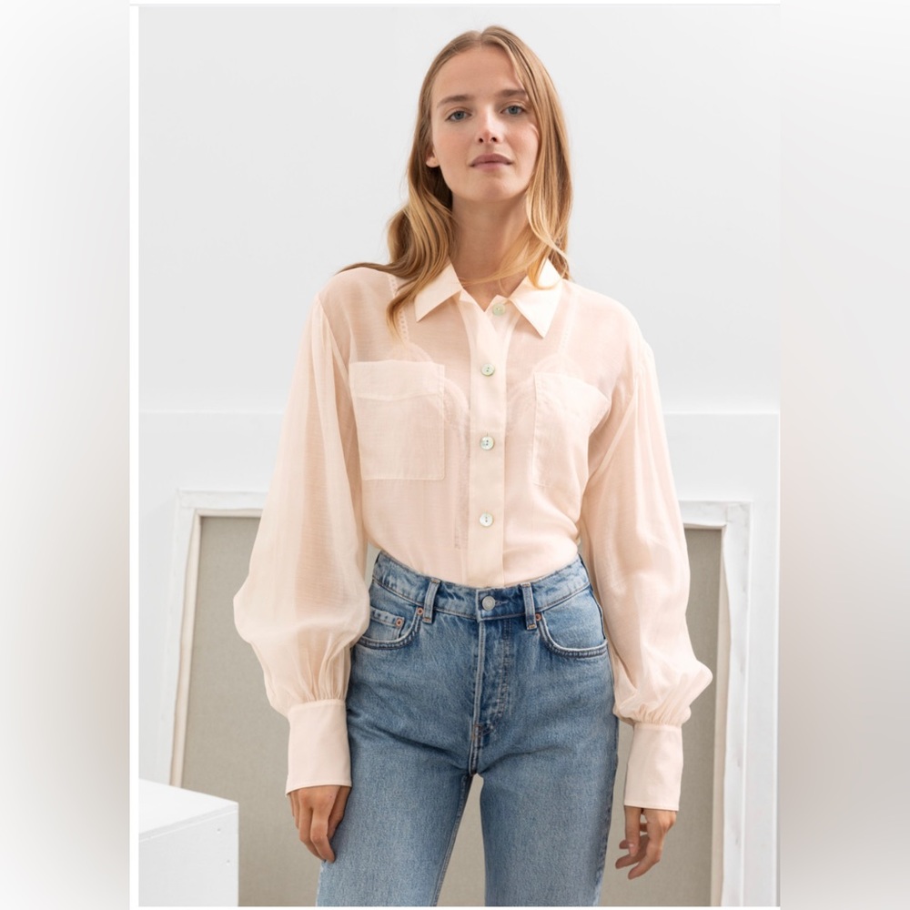 & Other Stories Sheer Puff Sleeve Button Up Shirt, size 12